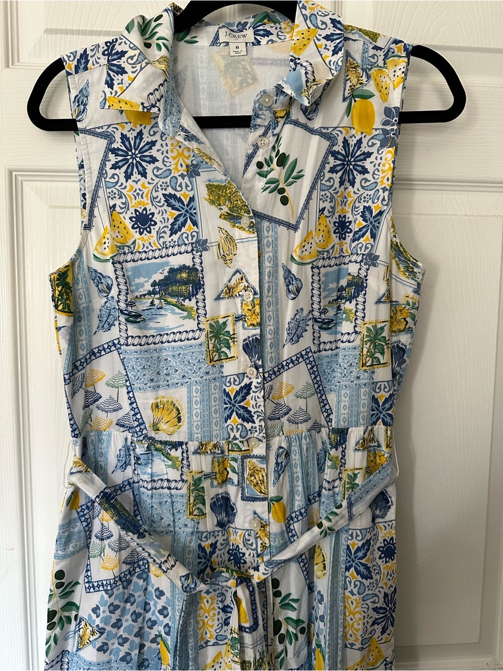 J.Crew La Dolce Vita Lemon Print Midi Shirt Dress, Sleeveless Tiered Belted - Picture 4 of 4
